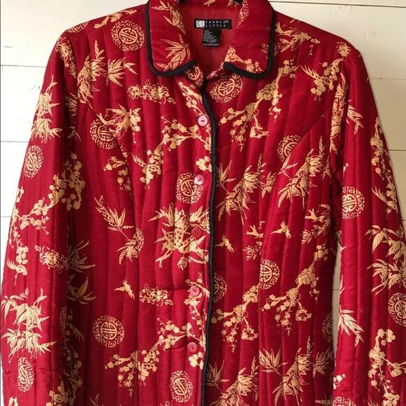 Carole Little S Asian Motif Red Silk Quilted Lightweight Button-Front Jacket - Picture 5 of 9